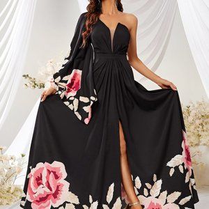 Giffniseti Floral Print One Shoulder Flounce Sleeve Split Thigh Chiffon Dress